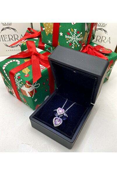 merraaksesuar Işıklı kutuda kalpli çelik pembe kolye ve ayarlanabilir kadın y...