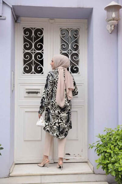 N.S NEVA STYLE Patterned Smoked Hijab Viscose Tunic 11742Fu