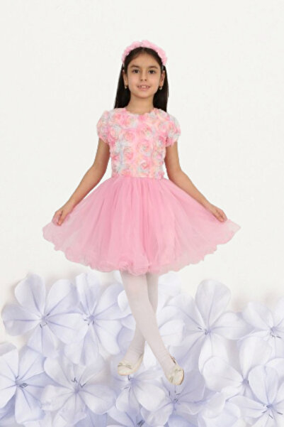 Nacar Kız Çocuk 23 Nisan Okul Gösteri Doğum Günü Tüllü Pembe Kısa Elbise R24