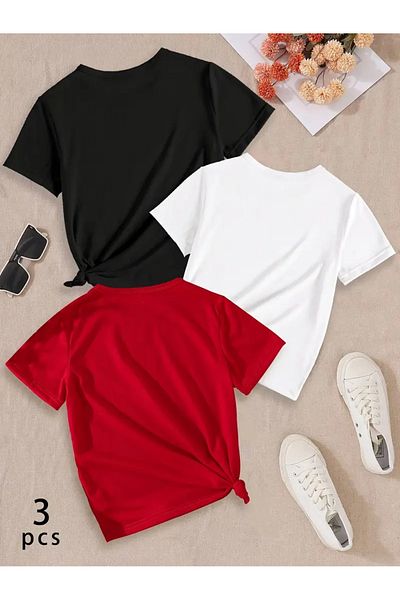 PENTHİLUS Girls' T-Shirt, Short Sleeve T-Shirt with Colorful Heart Pattern and Leather Pattern, Single-
