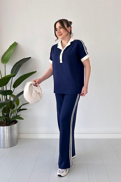 MaziButik Collared Three Button Modal Suit Navy Blue