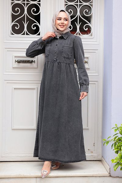 N.S NEVA STYLE Φόρεμα με λεπτομέρεια τσέπης Anthracite Hijab Jeans 19150ANT