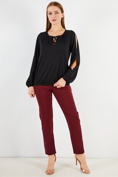 Michael Kors Women Tie Neck Long Sleeves Plain Blouse, Black