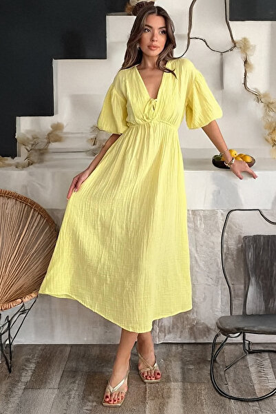 Cockatoo Kadın V Yaka Sarı Müslin Kumaş Kısa Kol Elbise