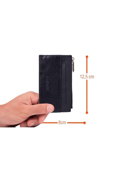 gio&mi Davin Hakiki Deri Bozuk Para Bölmeli Fermuarlı Erkek Parlak Siyah Kartlık Cüzdan
