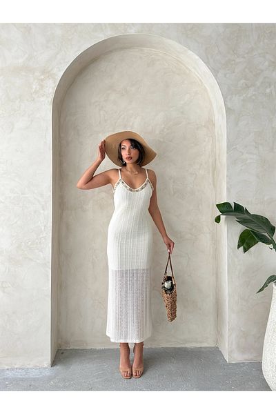 Miss Allos Γυναικείο πλεκτό φόρεμα Bohemian με λεπτή ζαρτιέρα και λεπτομέρεια κεντήματος στο γιακά