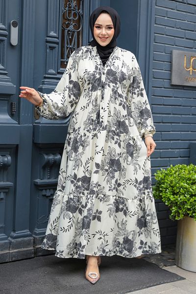 N.S NEVA STYLE Floral Patterned Ecru Viscose Hijab Dress 23588E
