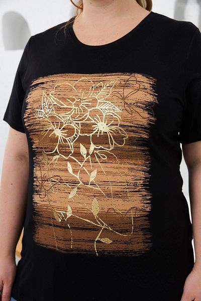 RMG Flower Pattern Printed Large Size T-Shirt Black