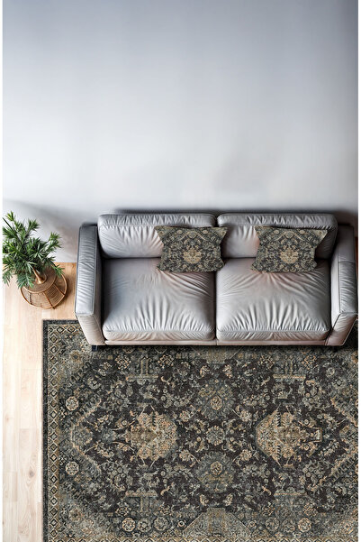 BigArts Home Vintage Kilim Modern Motifli Yeşil ve Antrasit Göbekli Desenli D...