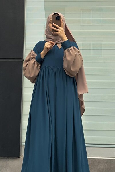 ANDE Hijabi Elbise- Petrol mavi/ bej