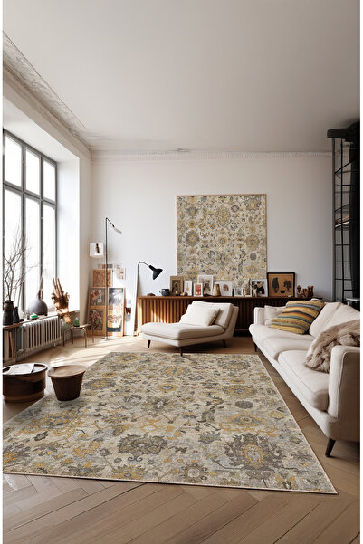 BigArts Home Bej Hardal Eskitme Desenli Kaymaz Taban Şönil Salon Mutfak Halıs...
