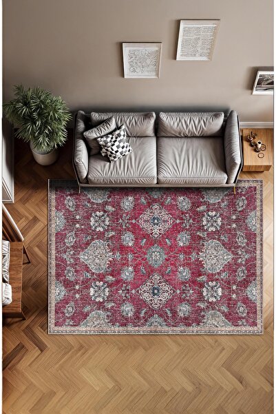 BigArts Home Vintage Halı Modern Motifli Bordo Klasik Çiçek Desenli Dijital Ş...