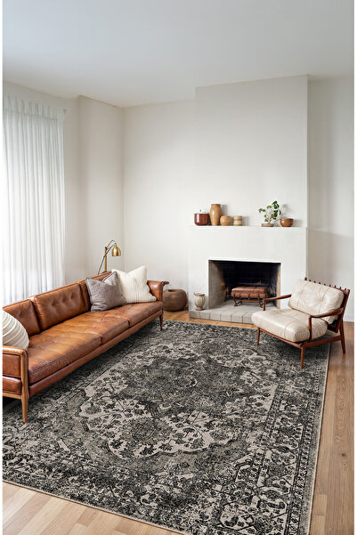 BigArts Home Vintage Halı Geometrik Çiçek Motifli Bej Siyah Klasik Dijital Şö...