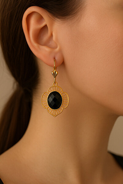 TuQos Paslanmaz -Otantik Siyah Taşlı Sallantılı Kadın Küpe – Gold Renk – Kararma Yapmaz