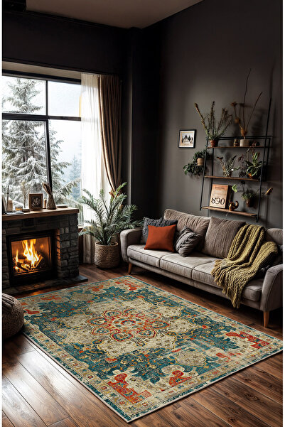 BigArts Home Vintage Halı Modern Motifli Yeşil ve Bej Klasik Desenli Dijital Şönil Halı