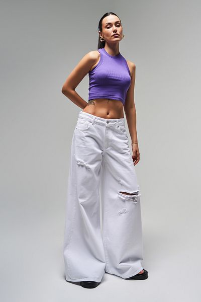 its basic Γυναικείο λευκό χρώμα 13s5-2 Elephant Leg Loose Cut 100% Cotton Ripped Λεπτομερές τζιν τζιν