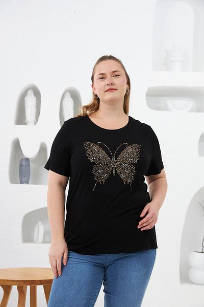 RMG Butterfly Stone Printed Large Size T-Shirt Black