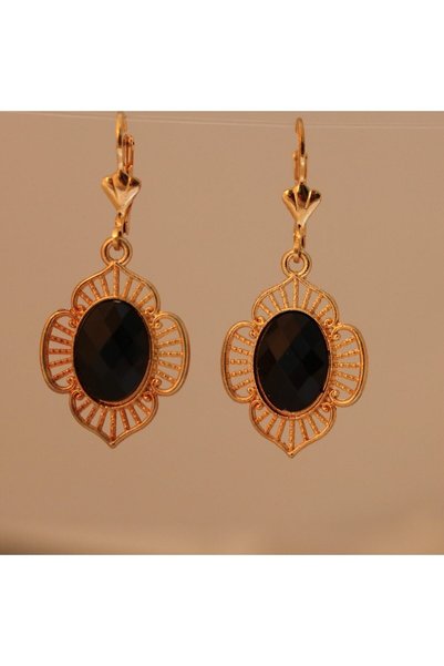 TuQos Stainless Steel - Authentic Black Stone Dangle Women's Earrings – Gold Color – Does Not Tarnish
