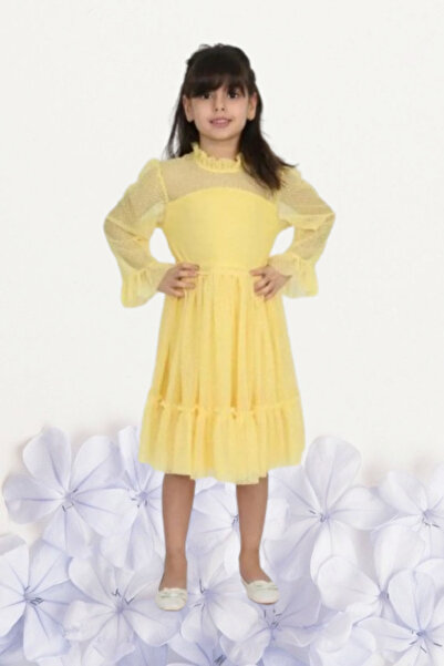 Nacar Kız Çocuk 23 Nisan Okul Gösteri Doğum Günü Tüllü Sarı Kısa Elbise R24