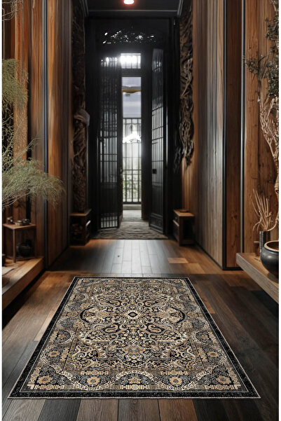 BigArts Home Vintage Siyah Gold Renkli Halı Barok Desenli Dijital Şönil Halı