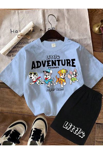 vinraus Set de tricou cu pantaloni scurți cu imprimeu albastru-negru pentru fetiță/băiat