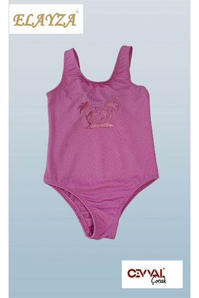 Elayza Press Printed Embroidered Pallemy and Pellican Patterned Stones Pleated Licra Girl's Swimwear