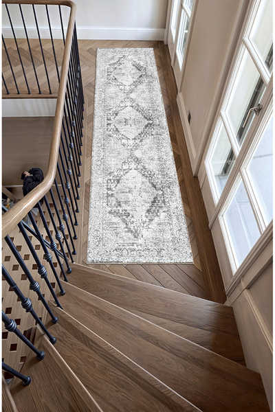 Grey Anthracite Modern Vintage Patterned Anti-Slip Base Washable Living Room Kitchen Runner and Round Carpet
