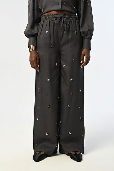 Orfeo Negro Women's Elastic Waist Loose Leg Front Stone Embroidered Anthracite Color Pants