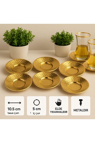 AYBABA STORE Gold Colored Tattoo Patterned Metal Tea Plate Set of 6