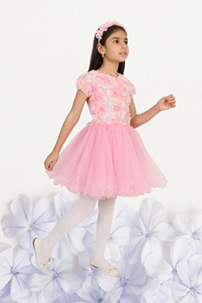 Nacar Kız Çocuk 23 Nisan Okul Gösteri Doğum Günü Tüllü Pembe Kısa Elbise R24