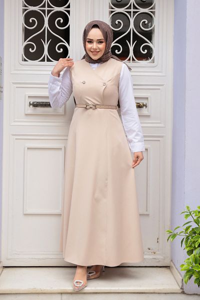 N.S NEVA STYLE Μπεζ Φόρεμα Hijab Gilet 62081BEJ