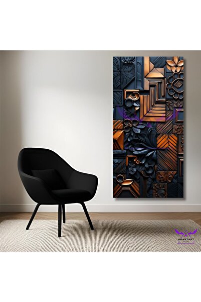 abartart Tekli Panoramik Dikey Kanvas Siyah Büyük Çiçekler Ve Mozaik Desenler