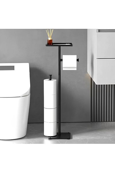 Herum Suport role de hartie igienica modern cu tava pentru accesorii, Negru, 72 cm