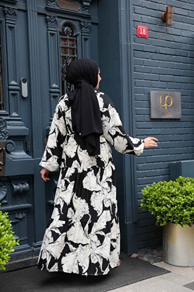 N.S NEVA STYLE Floral Patterned Black Viscose Hijab Dress 235801 S