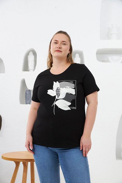 RMG Floral Pattern Printed Large Size T-Shirt Black