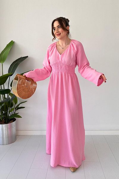 MaziButik Ροζ φόρεμα μουσελίνας με μισό μανίκι