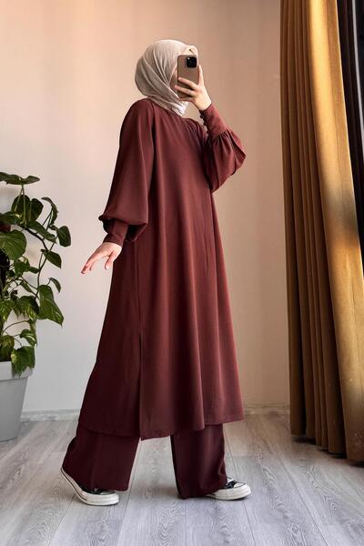 ANDE Manşet Detaylı Pantolonlu Takım- Kızıl kahve