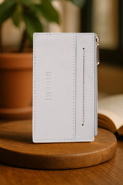 gio&mi Davin Genuine Leather Coin Zipper Women's Men's Wallet Card Holder Light Gray