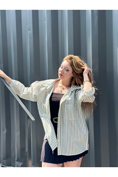 stcococix since 1990 Смугаста сорочка оверсайз з двома кишенями з бурюканової тканини