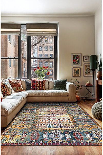 BigArts Home Vintage Çoban Dikiş Mavi Halı Modern Motifli Turuncu Mavi Bej Ki...