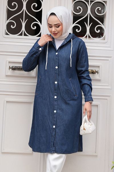 N.S NEVA STYLE Buttoned Navy Blue Hijab Denim Cap 7041L