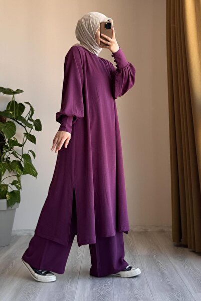 ANDE Manşet Detaylı Pantolonlu Takım- Mürdüm