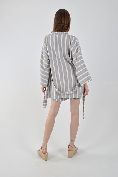 REİNA TEKS Suit Kimono Shorts Thick Grey-White Thick Stripes Bottom-Top Suit Beach/Daily Wear