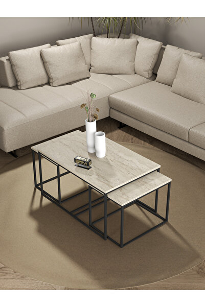 GOLDFALEZ Orta Sehpa Ve Zigon Yan Sehpa Flora Set Traverten