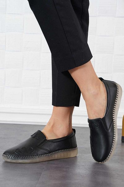 Moda Pie Garetes Side Floral Genuine Leather Women's Shoes Black Skin