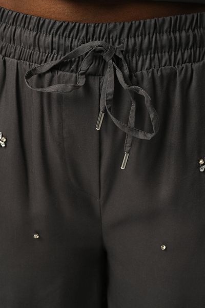 Orfeo Negro Women's Elastic Waist Loose Leg Front Stone Embroidered Anthracite Color Pants