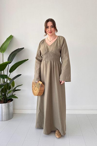MaziButik Μουσελίνα Φόρεμα Χακί με μισό μανίκι