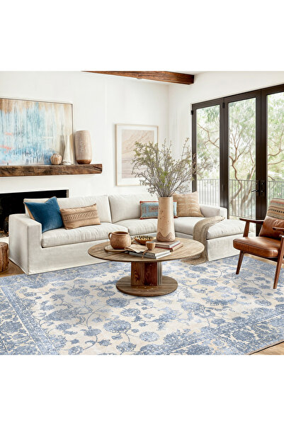 BigArts Home Mavi ve Krem Tonlarında Zarif Çiçek Motifli Eskitilmiş Vintage D...