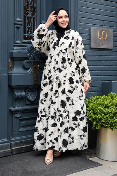 N.S NEVA STYLE Floral Patterned Ecru Viscose Hijab Dress 235804 E