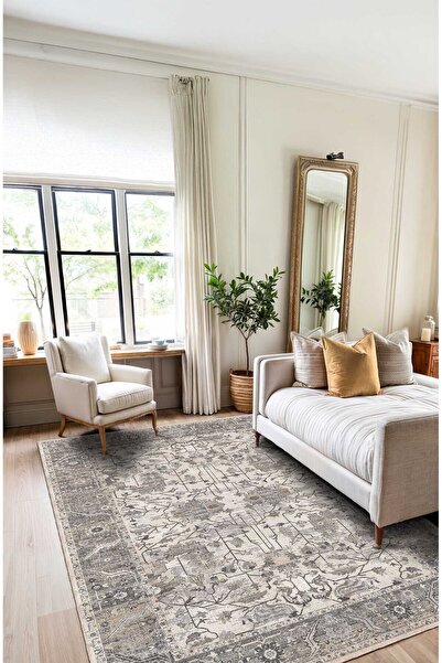 BigArts Home Gri Vintage Halı Modern Motifli Bej Kilim Desenli Dijital Şönil ...